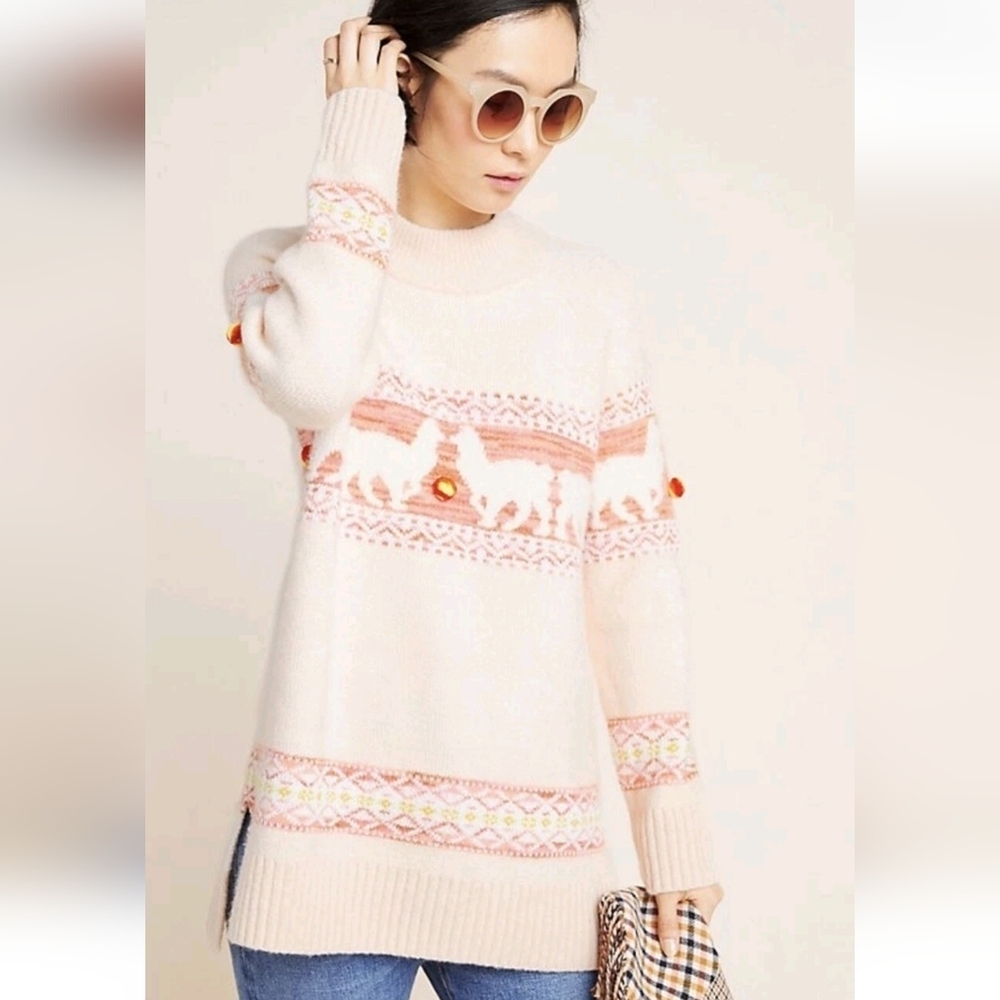Anthropologie Aimee Alpaca Pullover Sweater Pompom Size Small Longer Length Pink